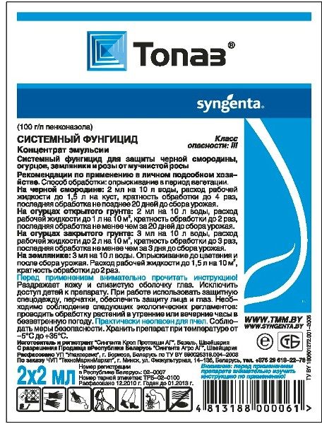  Le fongicide Topaz ne perd pas de son efficacité avec les sautes de température de l'air, il peut donc être utilisé dans les jardins potagers par n'importe quel temps.